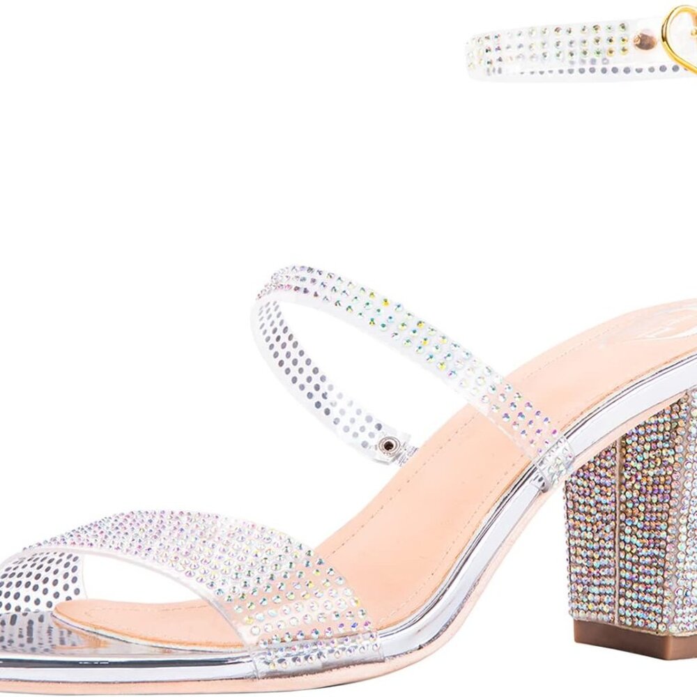 LALA IKAI Women's Rhinestone Ankle Strap Heels Transparent Strappy Buckle Pumps